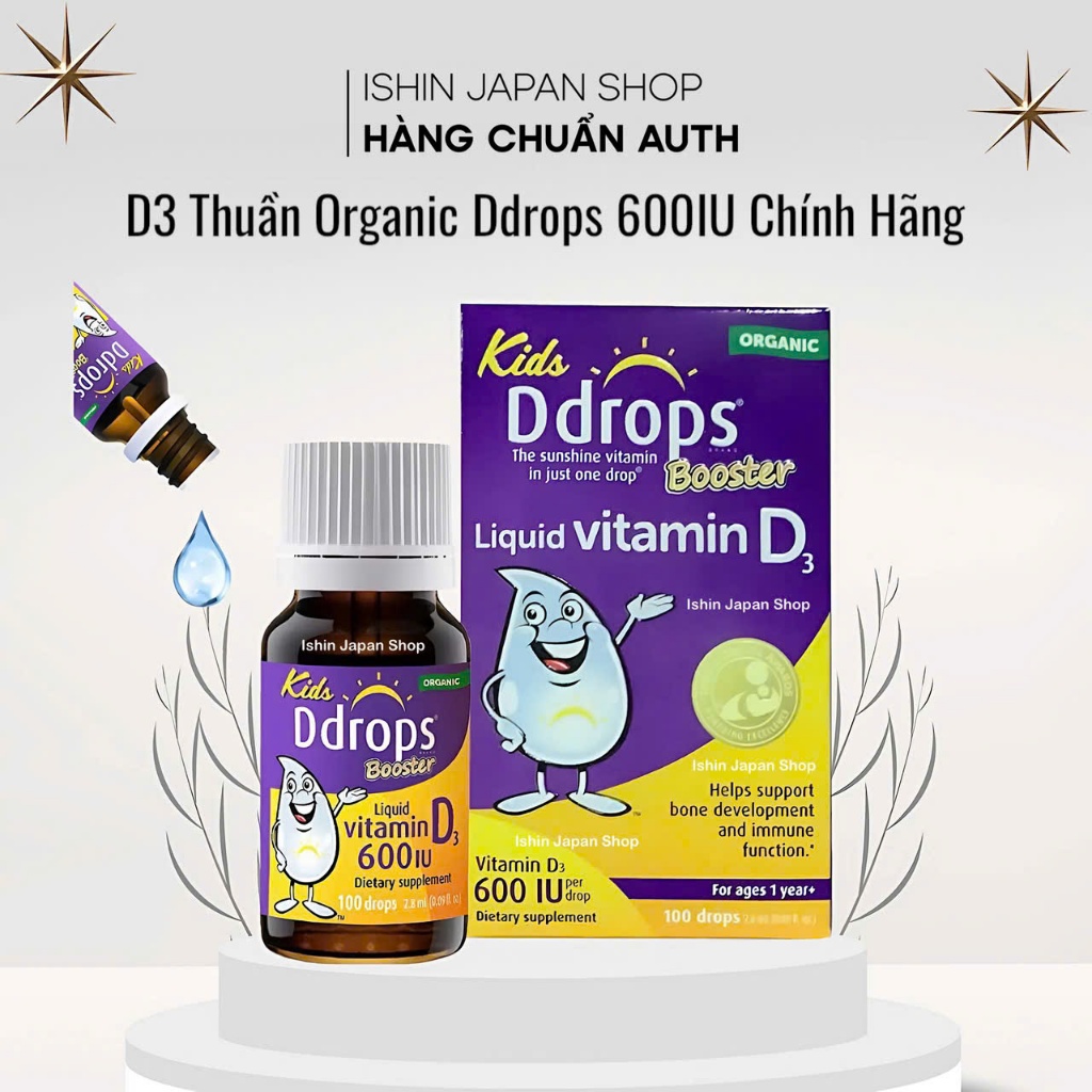 D3 Thuần Organic Ddrops Booster 600IU chính hãng dạng lỏng nhỏ giọt cho bé >1y giúp bé cao lớn khỏe 