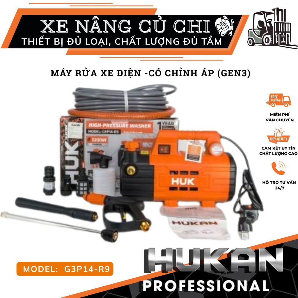 Máy rửa xe điện GEN3 HUKAN G3P14-R9, 3200W, chỉnh áp 180Bar, dây 15m