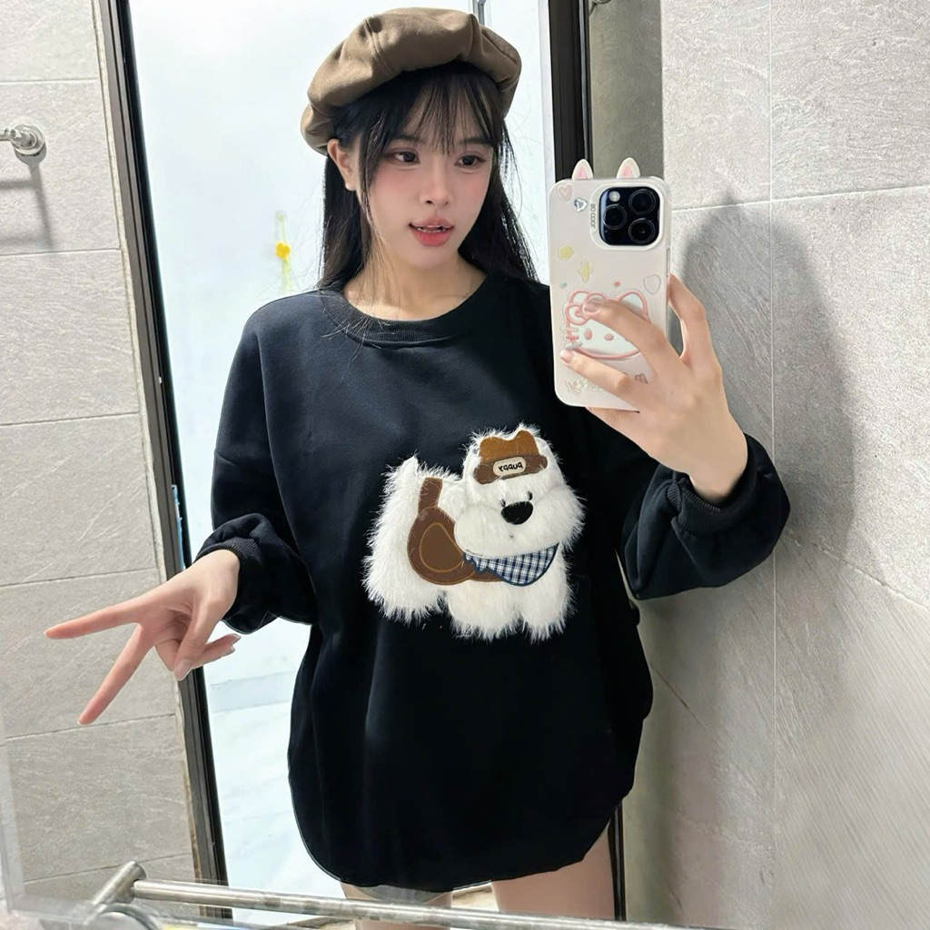 Áo Nỉ Sweater lót lông Fom BOXY cún Puppy xù xinh xỉu