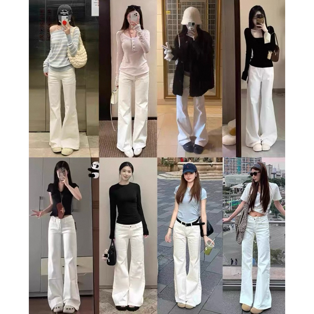 Quần Jeans Nữ màu Trắng ỐNG LOE Form rộng dài Chùm Chân Lưng thấp Hách Dáng Quần Bò Nữ ống Rộng Loe chất liệu Jeans Mềm | BigBuy360 - bigbuy360.vn