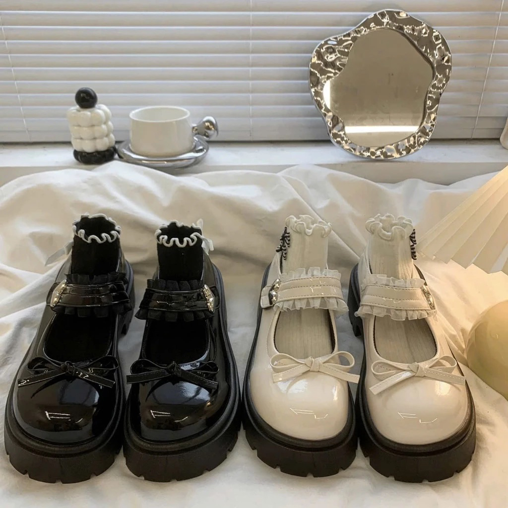   Hàng chuẩn   Giày búp bê giay Da Mềm Đính Nơ Phong Cách Cho Nữ Vòng đầu dày đế tăng chiều c 