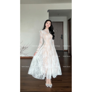  NAN Store - Váy ren thiết kế trắng lót nude dài tay hơ lưng dáng dài xoè  có mút  