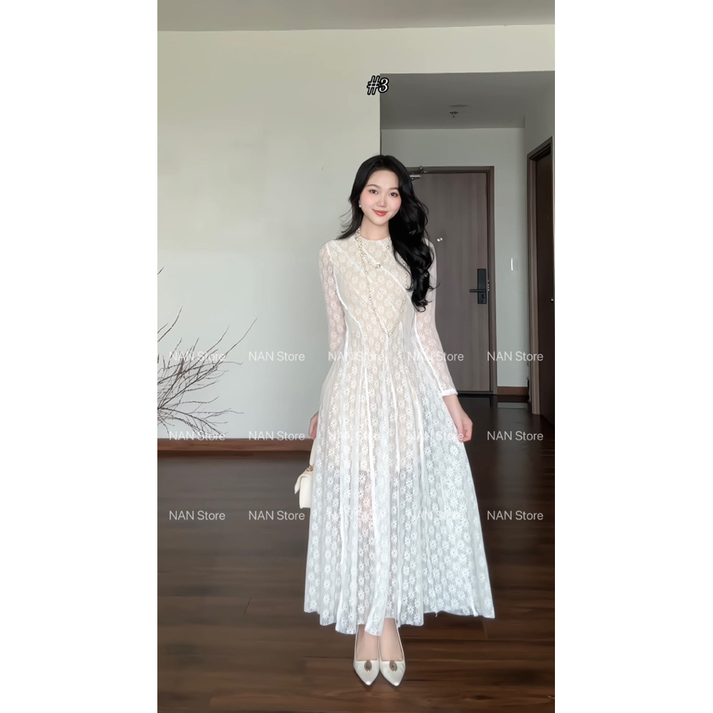 NAN Store - Váy ren thiết kế hoa cúc trắng dài tay dáng xoè dài