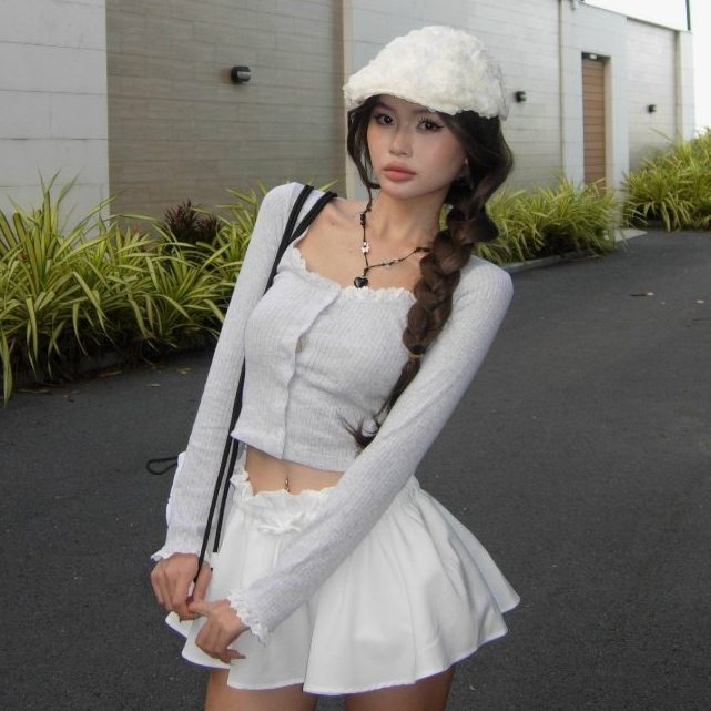 Áo Thun Cotton Dài Tay Phối Ren Pepper Clothing Áo Khoác Cardigan Nữ Dài Tay Viền Ren Màu Xám Quyến 