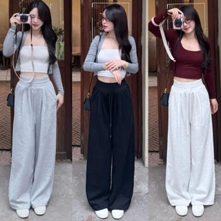  Quần Ống Rộng Cạp Bản To Vải Nỉ 2 Da Có Túi Dây Rút Dày Mịn Nâng Hông Nữ M50 M55 M60 M65 M70 Mặc Đi Học Làm Công Sở 