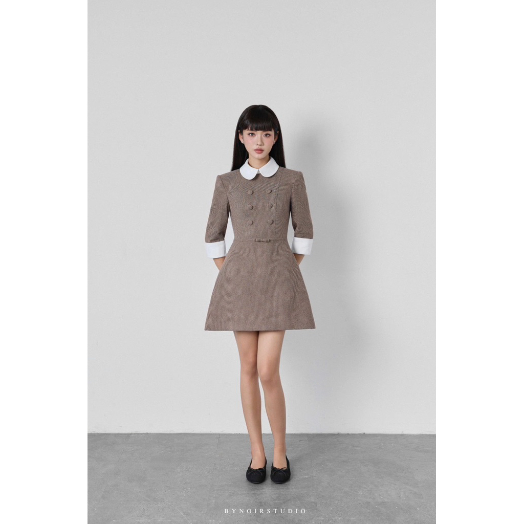 Marie Dress 2025 - Váy dạ kẻ phối trắng tay lửng Bynoir Studio