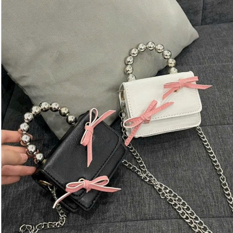 Túi đeo chéo mini dáng hộp quai cườm nơ hồng nhẹ, phong cách tiểu thư ngọt ngào - HT338.