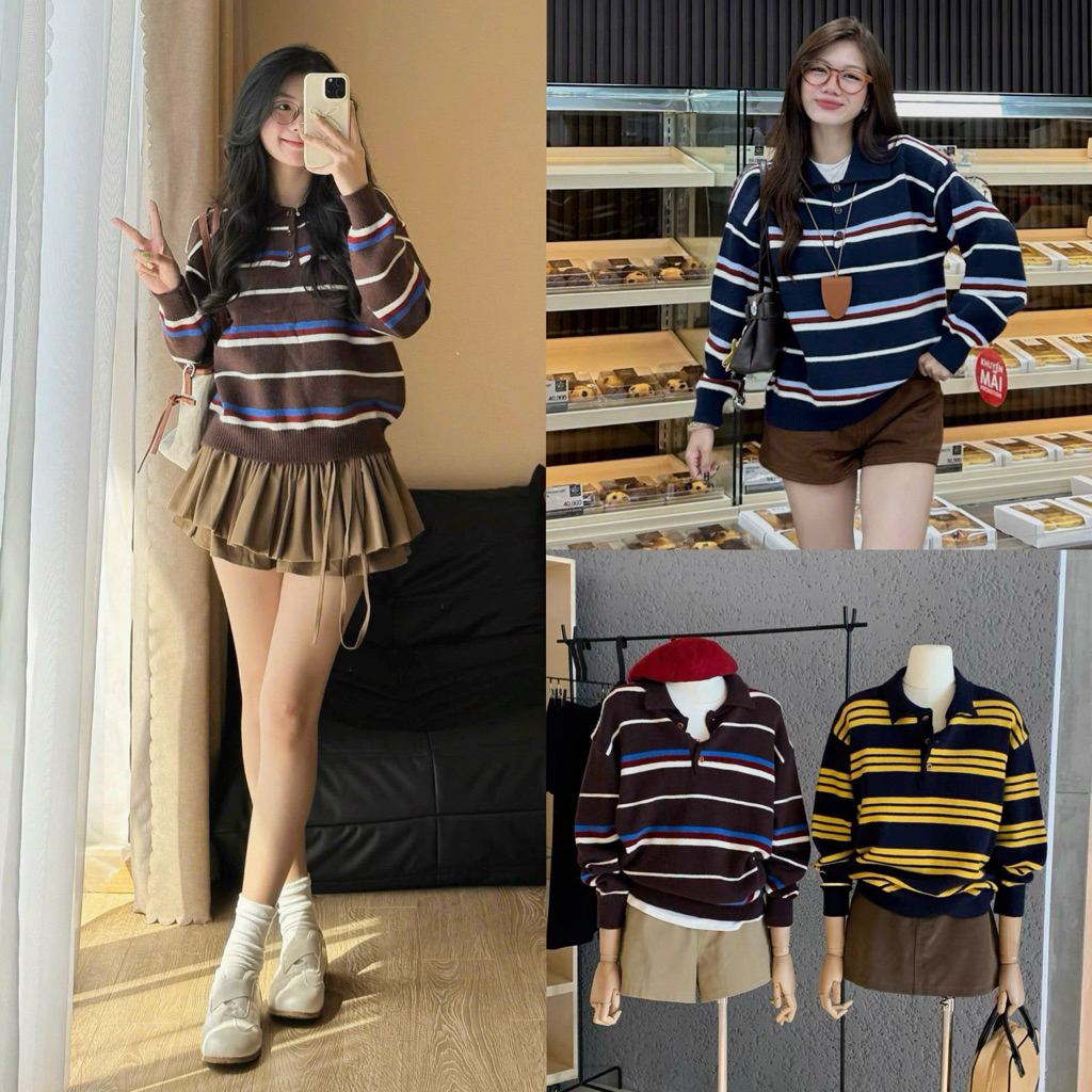 (ẢNH OLDSCHOOL) Áo len nữ cổ polo bẻ STYLE VINTAGE chất dày dặn KIDO SWEATER