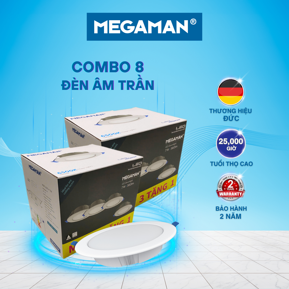  Combo 8 Bóng Đèn LED Âm Trần Downlight MEGAMAN 7W 9W 12W – Ánh Sáng Đẹp Tiết Kiệm Điện 