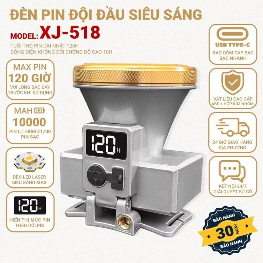 Đèn Pin Đội Đầu Siêu Sáng XJ 518, XJ503 Chống Nước Xả 10 Giờ Liên Tục Không Hạ Sáng, Pin Siêu Trâu
