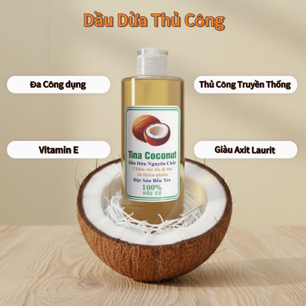 Dầu dừa 500ml ( tặng vỏ lăn môi dầu dừa) dầu dừa dưỡng tóc, dưỡng thể, dưỡng da, massage nấu thủ côn