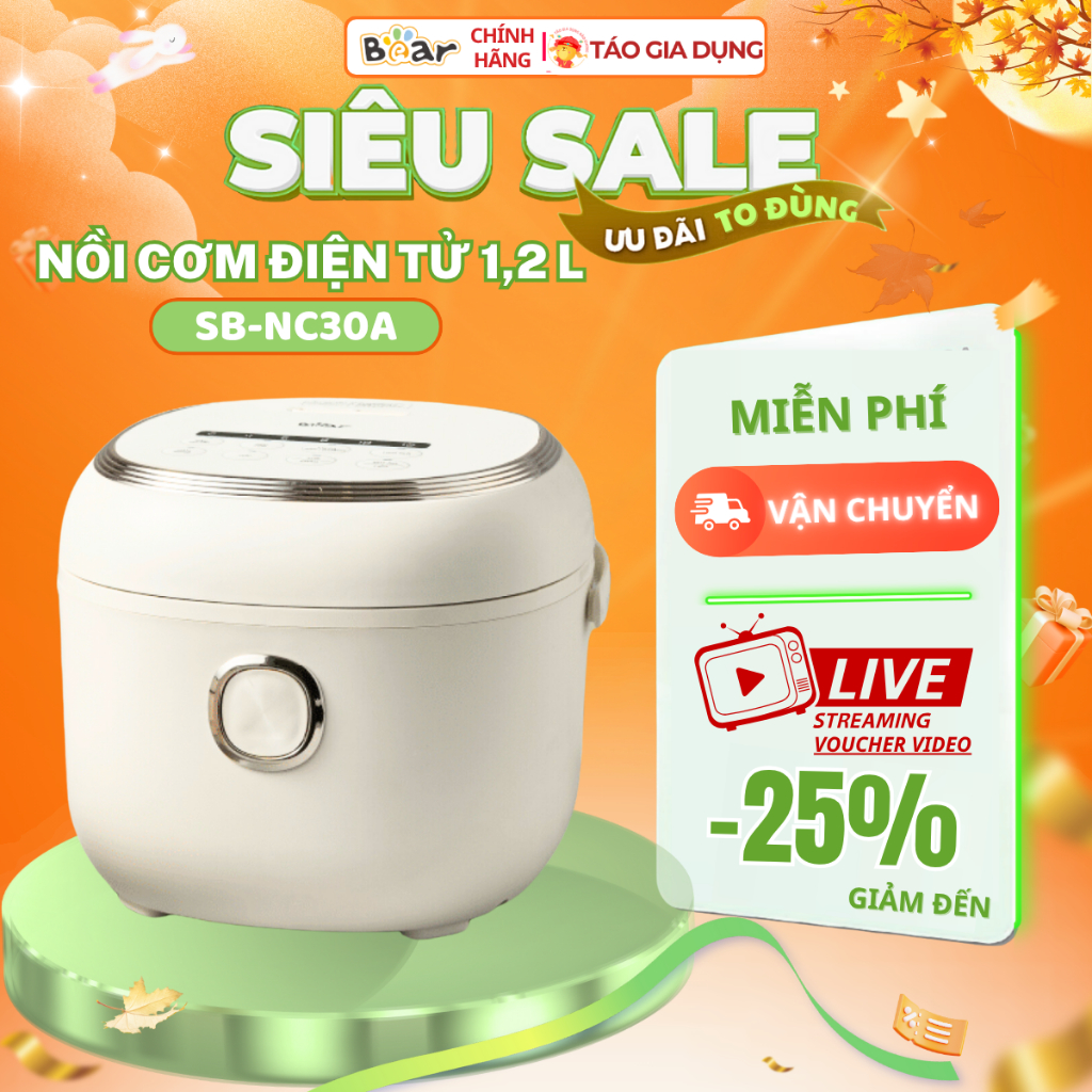 Nồi cơm điện điện tử Bear SB-NC30A - 6 chức năng nấu cài sẵn, lòng nồi dày, chế độ hẹn giờ, 1,5 Lít