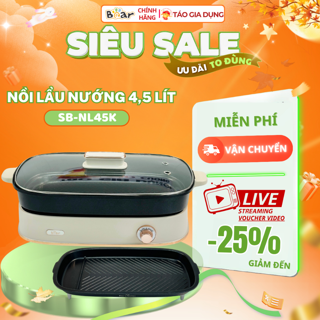 Nồi lẩu điện đa năng Bear SB-NL45K - 2 khay, nhiều chức năng: chiên, nướng, lẩu, nấu, hầm, ninh,....