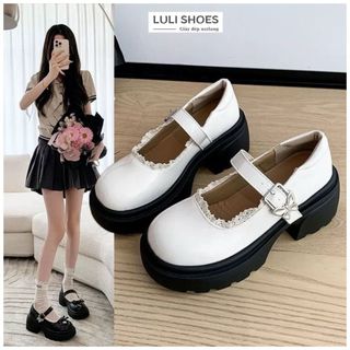 Giày búp bê lolita nữ CÓ SẴN 7CM phối ren đế răng cưa quai cài chống trơn trượt B018 