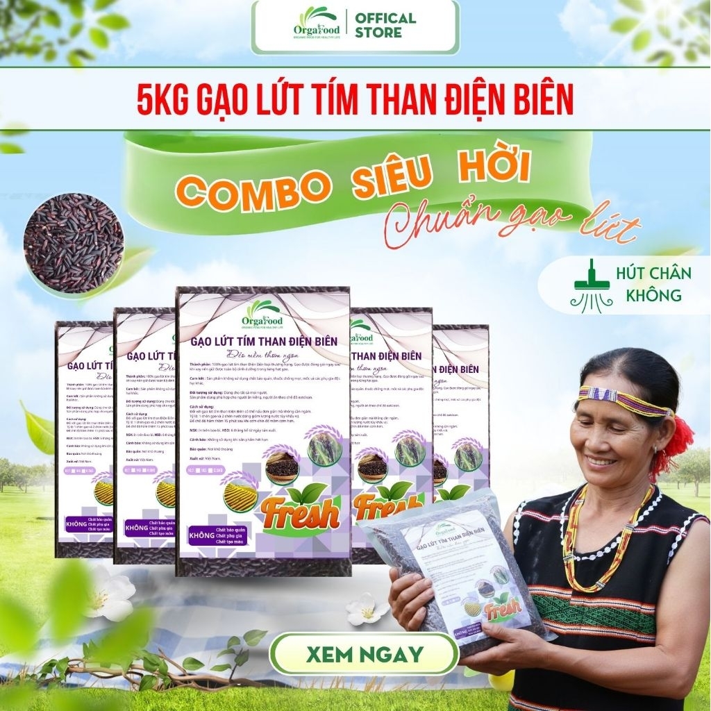 5kg Gạo Lứt Đen Dẻo/ Tím Than Điện Biên Hữu Cơ, Gạo Lức Tím Than Orgafood EAT CLEAN Giảm Cân, Ăn Kiêng