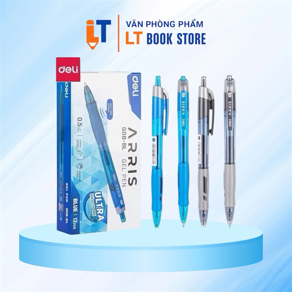 Combo 3/6 Bút Gel bấm DELI G08 Ngòi 0.5mm, mực xanh dương/đen - LT BookStore