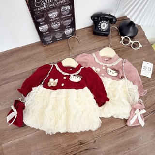  Đầm len thỏ xòe bồng công chúa cho bé gái 7-14kg đính thỏ hello kitty kèm túi đeo chéo 
