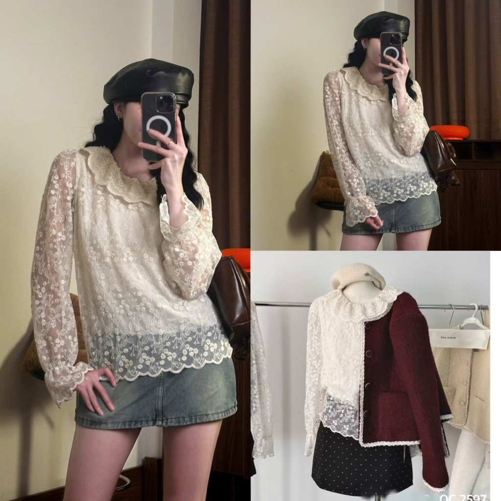 [A3001] ÁO REN HOA NỔI CỔ BÈO Wei Yi Studio- Áo sơ mi ren hoa kiểu QC tay bồng 2 lớp ulzzang tiểu thư HQ | BigBuy360 - bigbuy360.vn