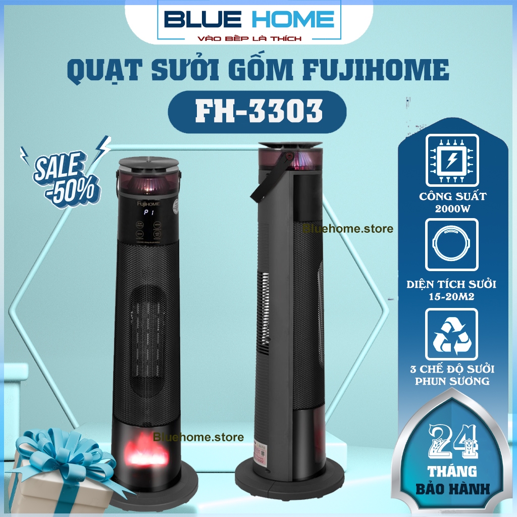 Quạt Sưởi Gốm PTC Fujihome FH3303 Ceramic – 2000W Sưởi Nhanh, Phun Sương, Điều Khiển Từ Xa, Hàng Chí