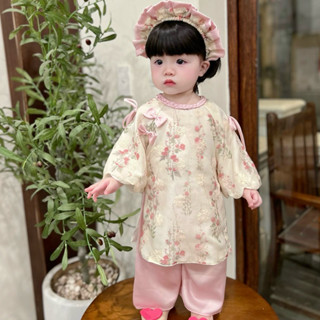   ĐỘC QUYỀN  Áo Dài Thêu Phối Quần Lụa Hồng Cổ Tết Tay Lượn Sóng Cho Bé 4-30kg 