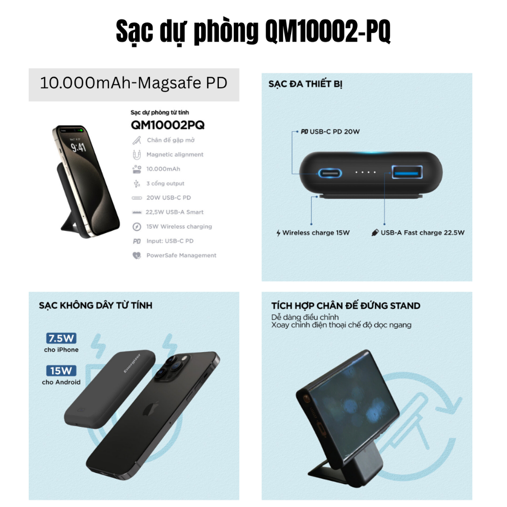 Sạc Dự Phòng Không Dây Magsafe Energizer 10.000mAh Sạc Nhanh PD 22.5W, 3 Cổng Sạc Ra, Bảo Hành 1 Năm | BigBuy360 - bigbuy360.vn