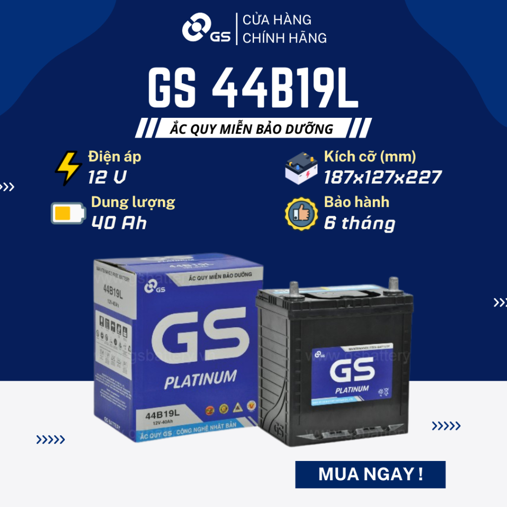 Bình ắc quy khô 12V 40Ah GS MF 44B19L dùng cho xe Hyundai, Toyota, Mitsubishi, KIA, Honda, Suzuki