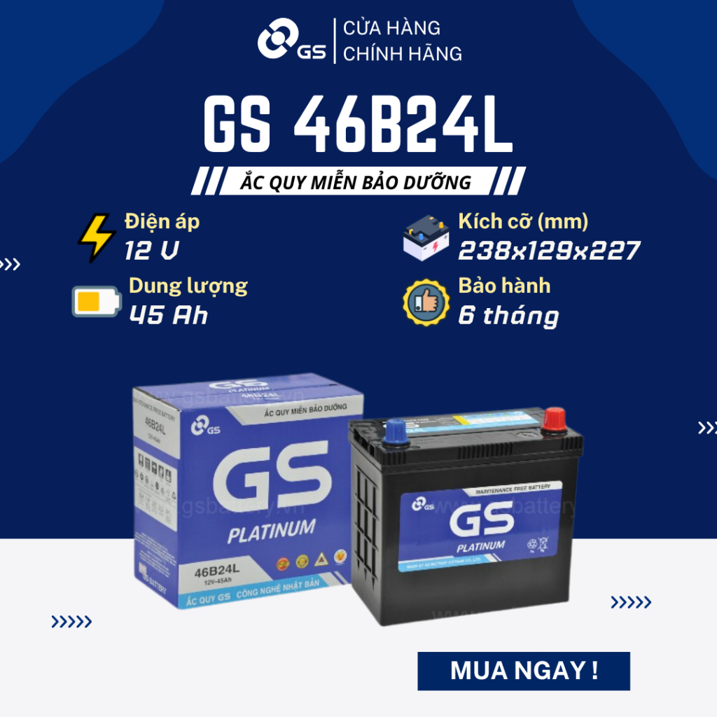 Bình ắc quy khô 12V 45Ah GS MF 46B24L dùng cho xe Toyota, KIA, Honda, Suzuki, Nissan
