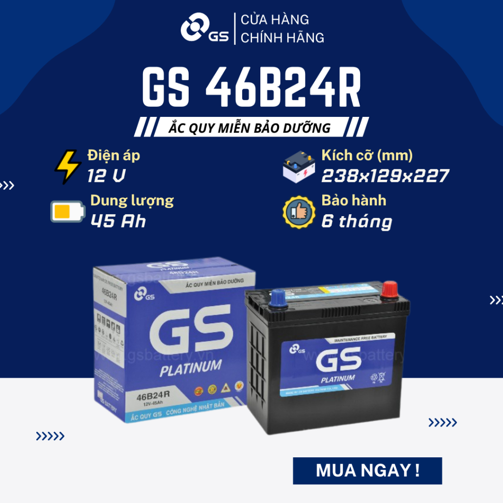 Bình ắc quy khô 12V 45Ah GS MF 46B24R dùng cho xe Honda Concerto, Integra