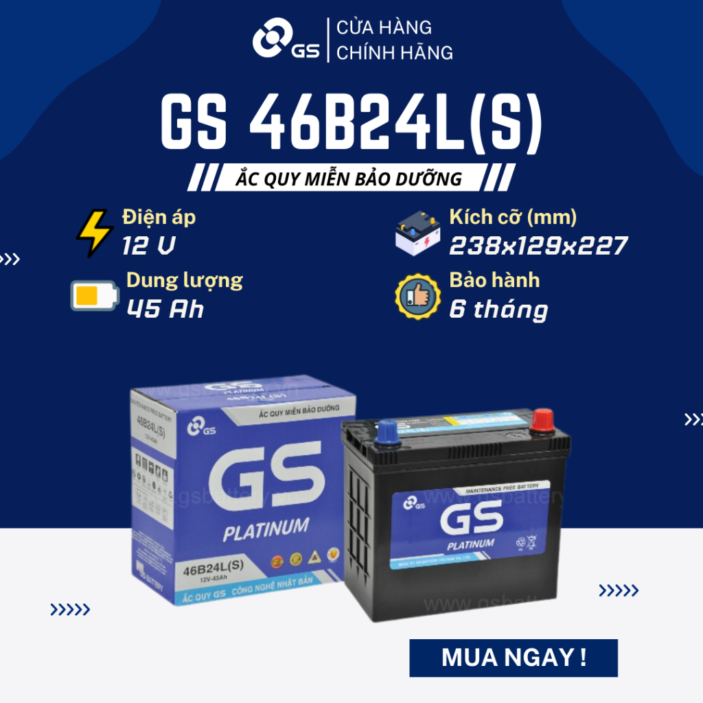 Bình ắc quy khô 12V 45Ah GS MF 46B24L(S) dùng cho xe Hyundai, Toyota, Mitsubishi, Mazda, Lexus