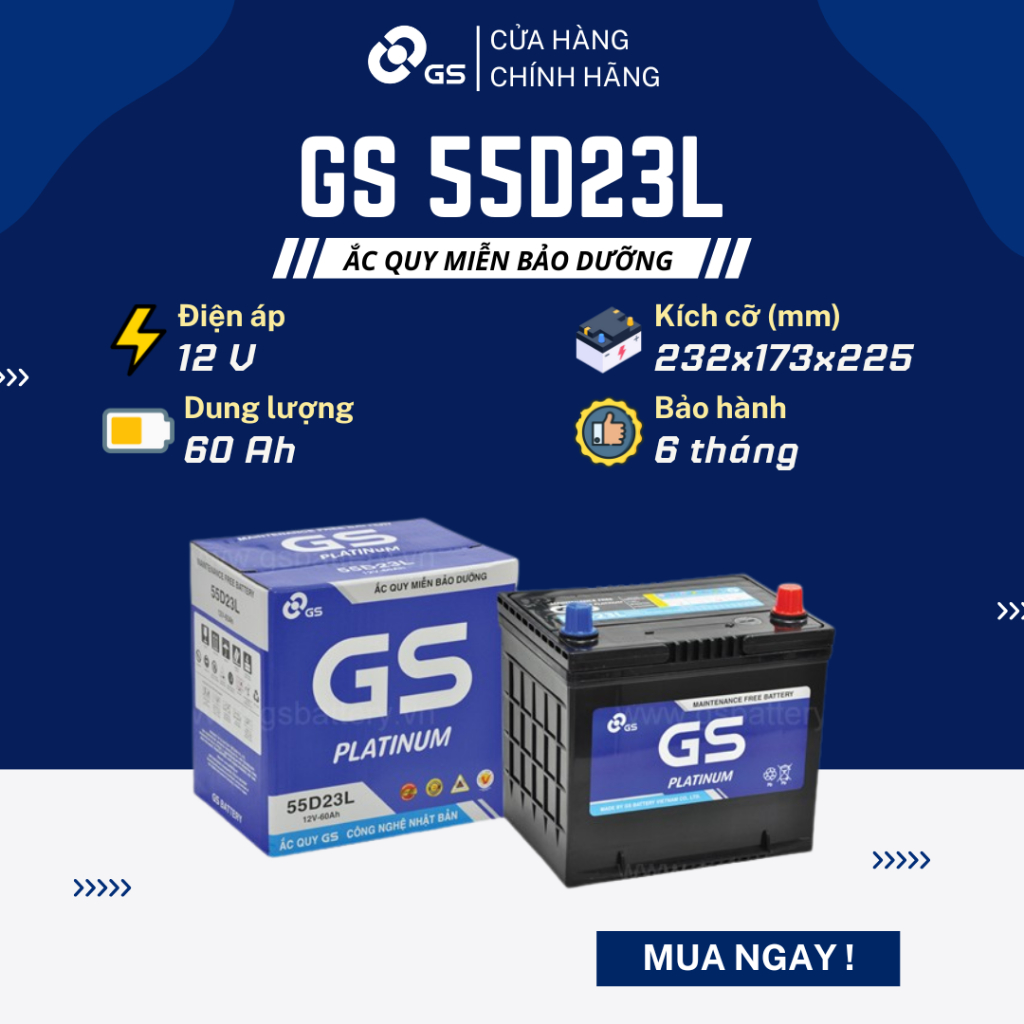 Ắc quy khô 12V 60Ah GS MF 55D23L dùng cho xe Hyundai, Toyota, Mitsubishi, Mazda, Lexus, Nissan