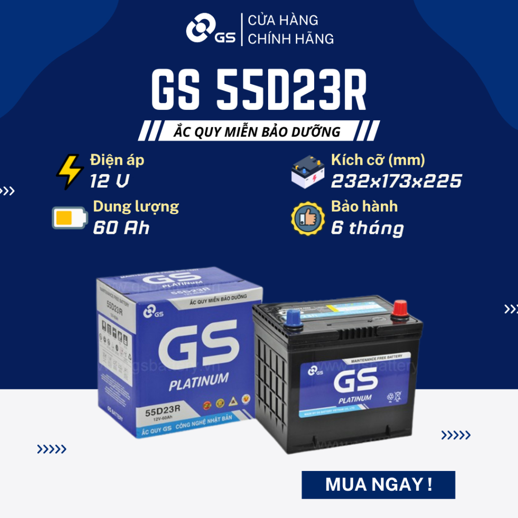 Bình ắc quy khô 12V 60Ah GS MF 55D23R dùng cho xe Ford, Isuzu, Chevrolet