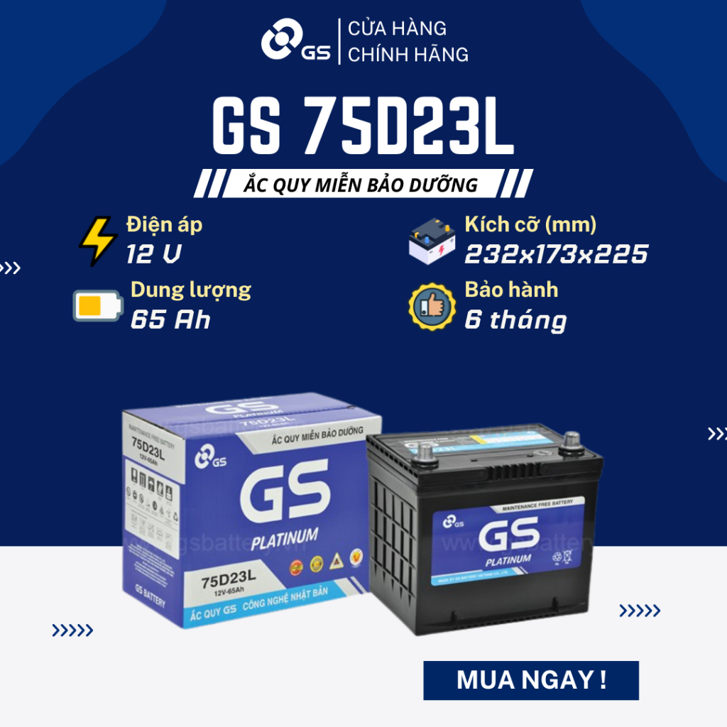 Bình ắc quy khô 12V 65Ah GS MF 75D23L dùng cho xe Hyundai, Toyota, Mitsubishi, Mazda, Lexus, Nissan