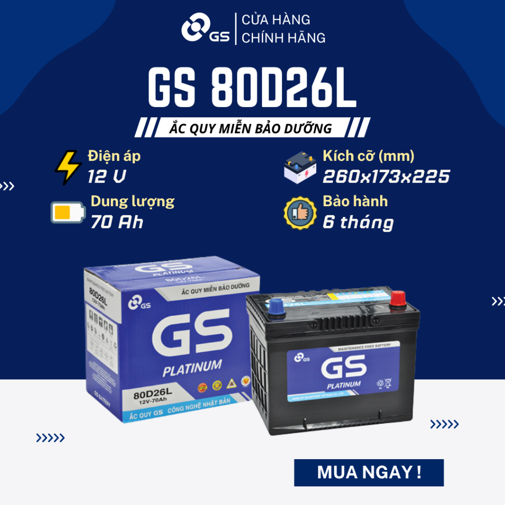 Bình ắc quy khô 12V 70Ah  GS MF 80D26L dùng cho xe Hyundai, Toyota, Mitsubishi, Honda, Lexus, Isuzu