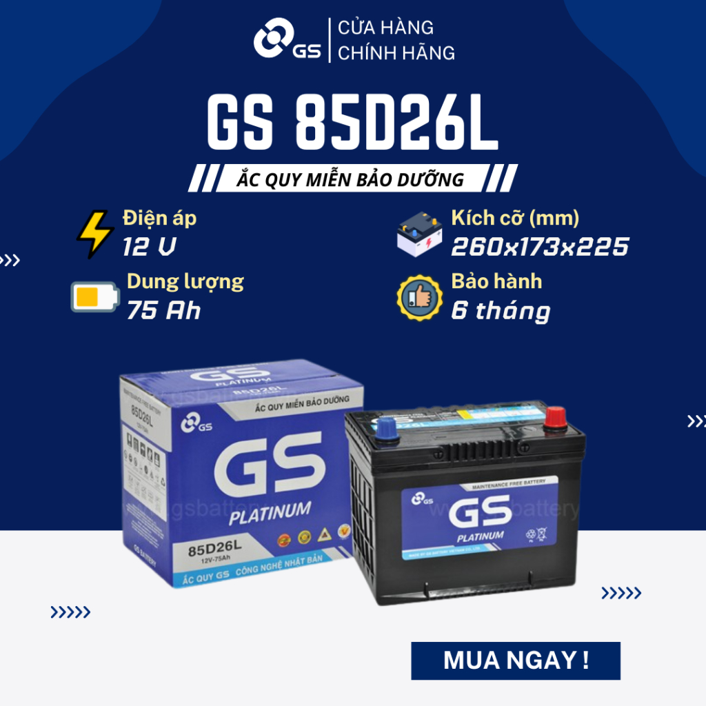 Bình ắc quy khô 12V 75Ah GS MF 85D26L dùng cho xe Hyundai, Toyota, Mitsubishi, Mazda, Lexus, Nissan