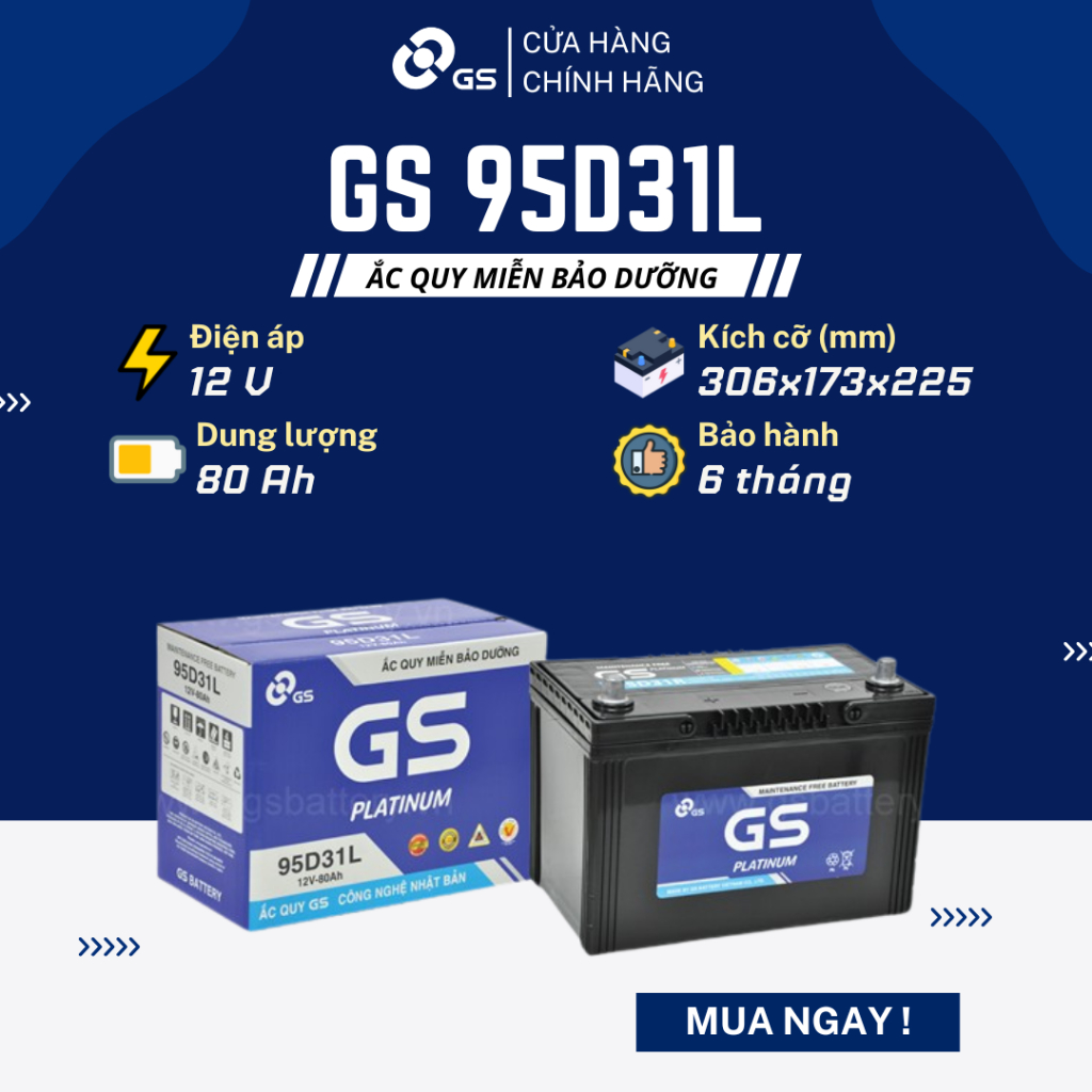 Bình ắc quy khô 12V 80Ah GS MF 95D31L dùng cho xe Mitsubishi, KIA, Lexus