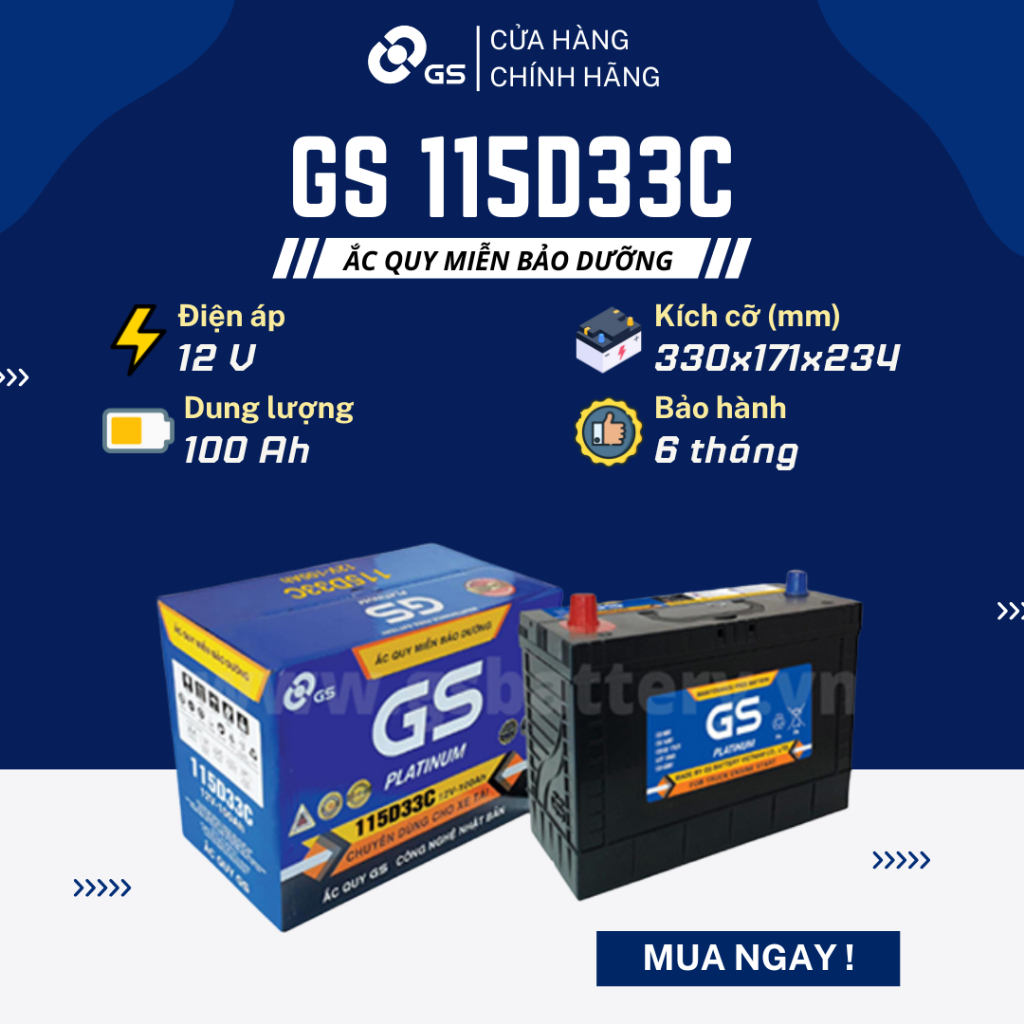 Bình ắc quy khô 12V 100Ah GS MF 115D33C dùng cho xe tải, container, xe đầu kéo