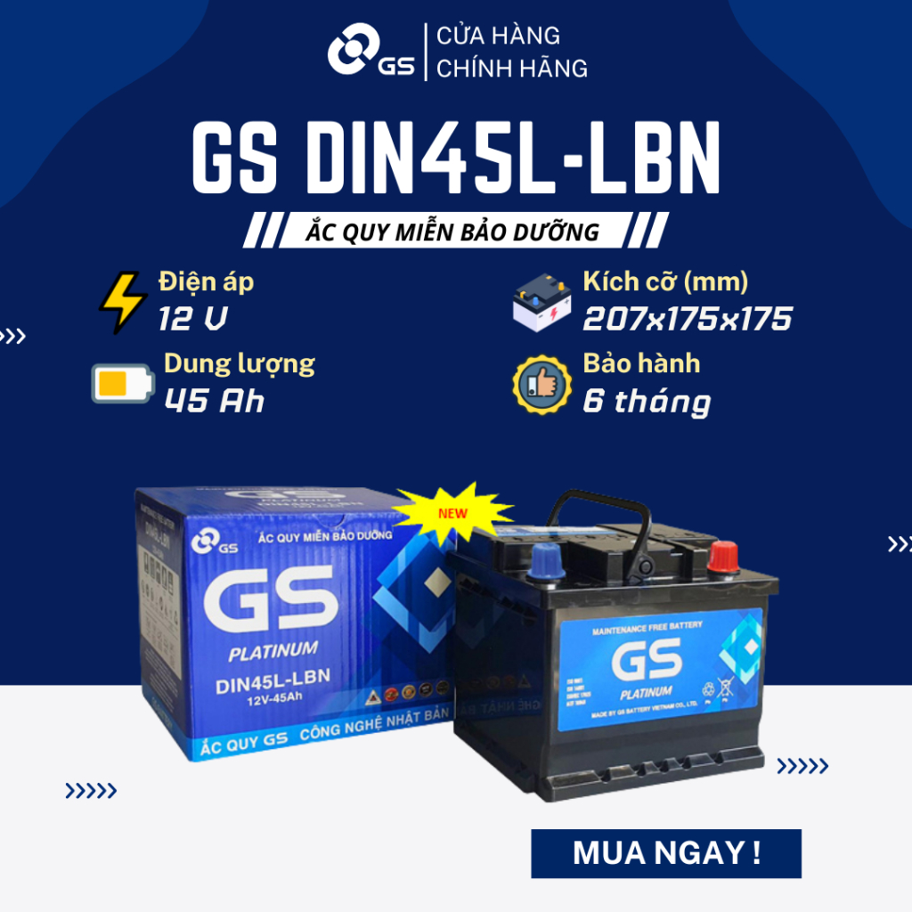 Bình ắc quy khô 12V 45Ah GS MF DIN45L-LBN dùng cho xe Ford, Hyundai, Toyota, Honda, Vinfast, Suzuki