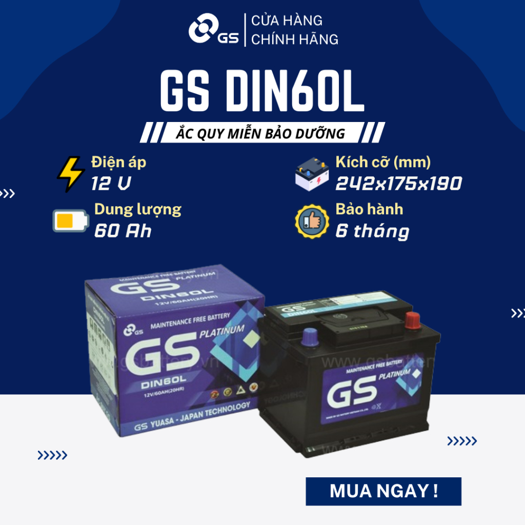 Bình ắc quy khô 12V 60Ah GS MF DIN60L - Ắc quy ô tô miễn bảo dưỡng GS