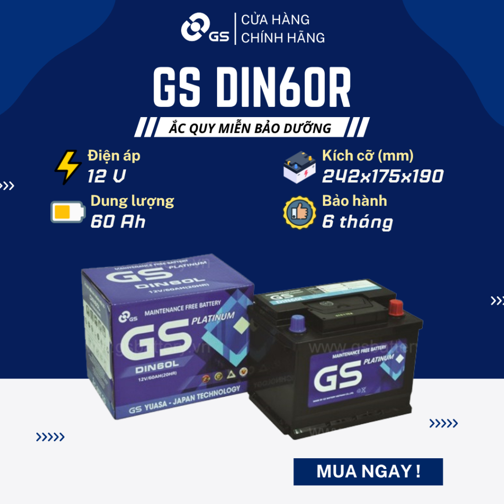 Bình ắc quy khô 12V 60Ah GS MF DIN60R - Ắc quy ô tô miễn bảo dưỡng GS