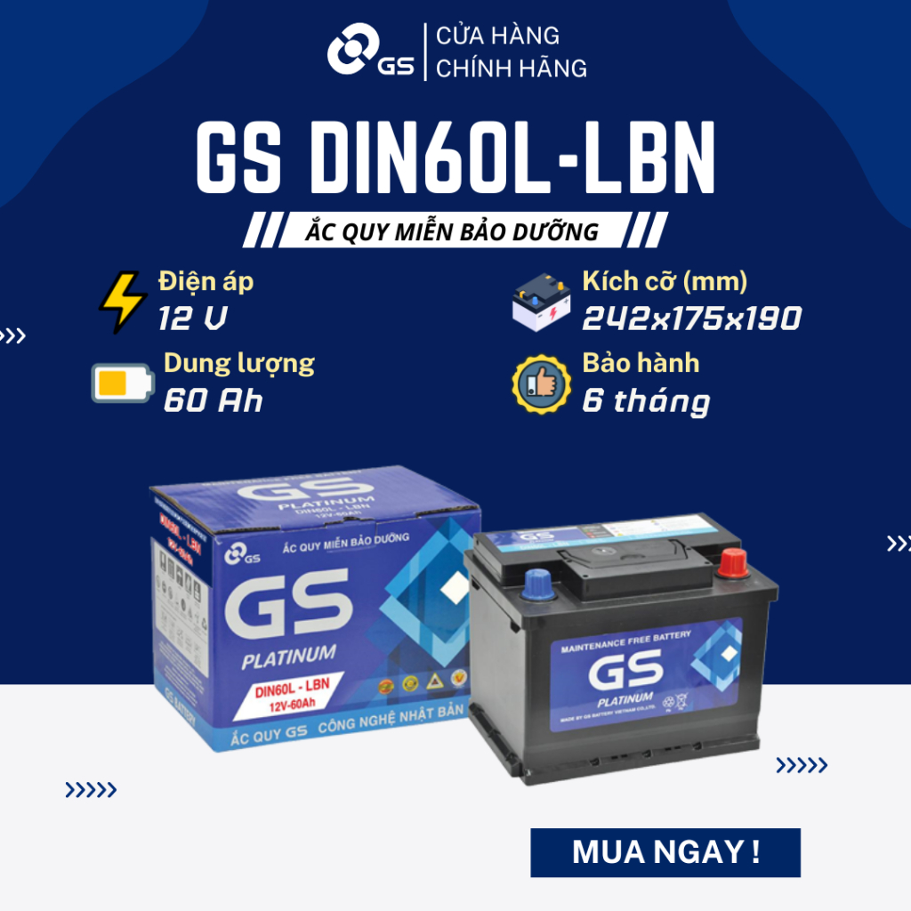 Bình ắc quy khô 12V 60Ah GS MF DIN60L-LBN - Ắc quy ô tô miễn bảo dưỡng GS