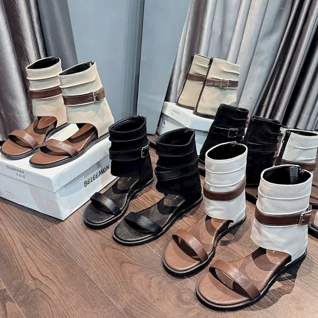 Boot nữ quai ngang hở ngón cổ cao độn đế trong 3cm da siêu mềm