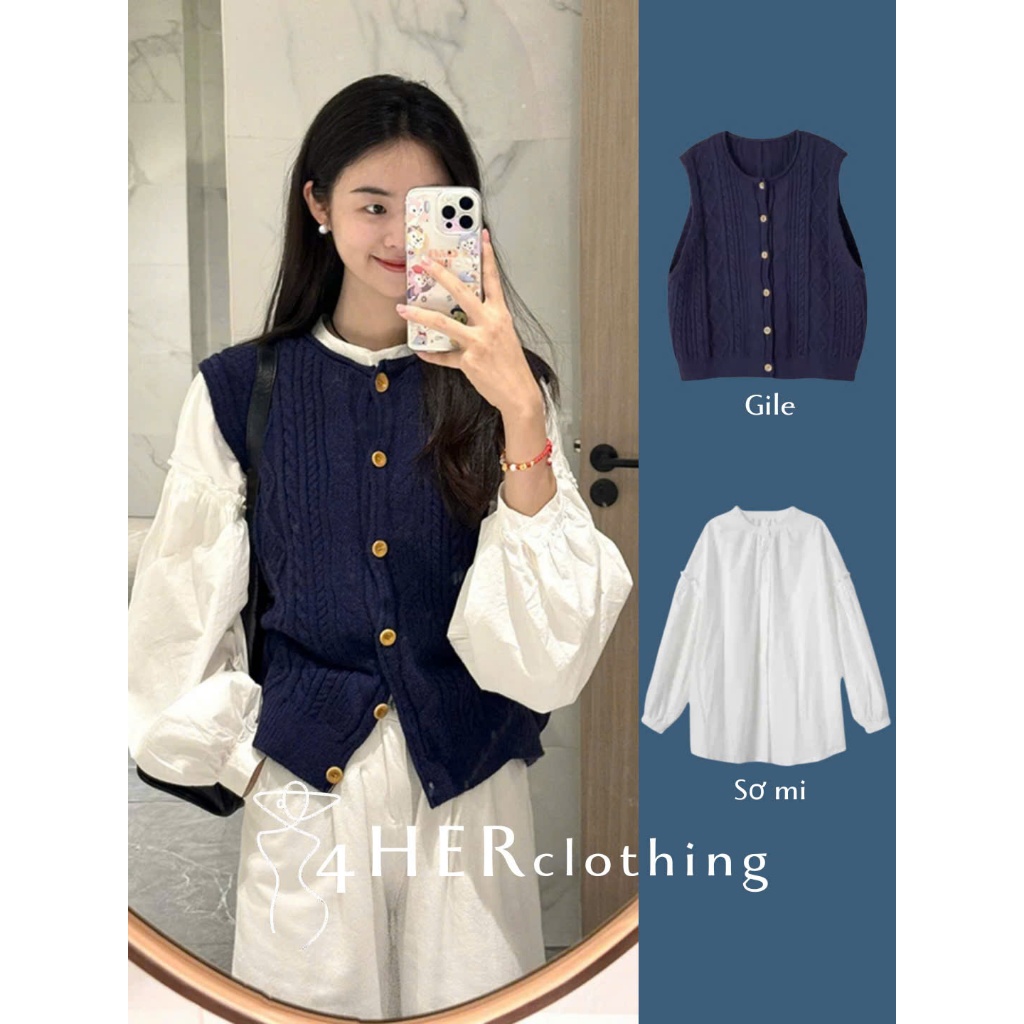  4HERclothing - Set áo gile màu xanh navy cài cúc mix áo sơ mi trắng tay phồng cho mùa thu đông 