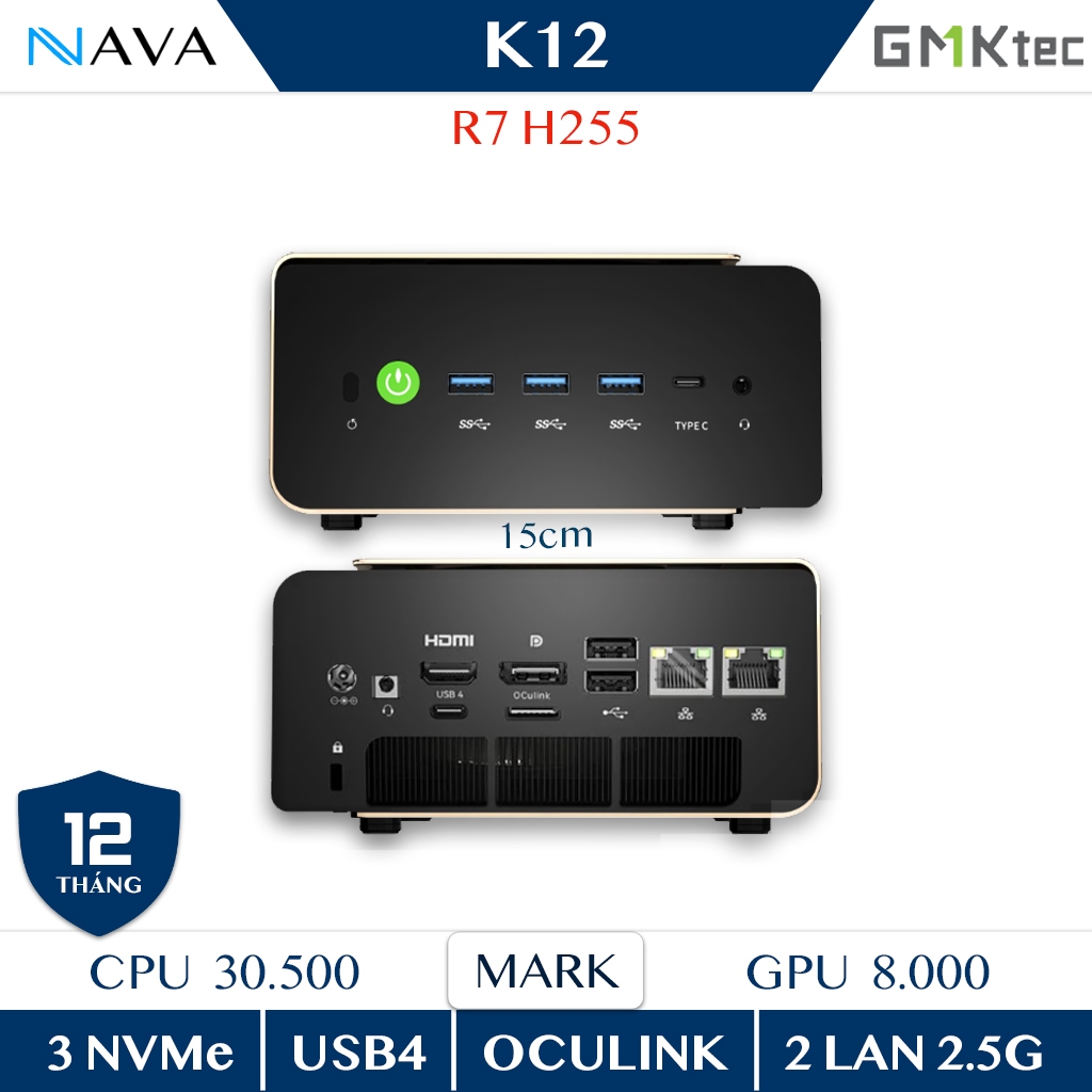 Mini PC GMKtec K12 Ryzen 7 H - 255 - 8 nhân 16 luồng DDR5 NVMe 4 | GPU Radeon 780M | USB4 & OCuLink