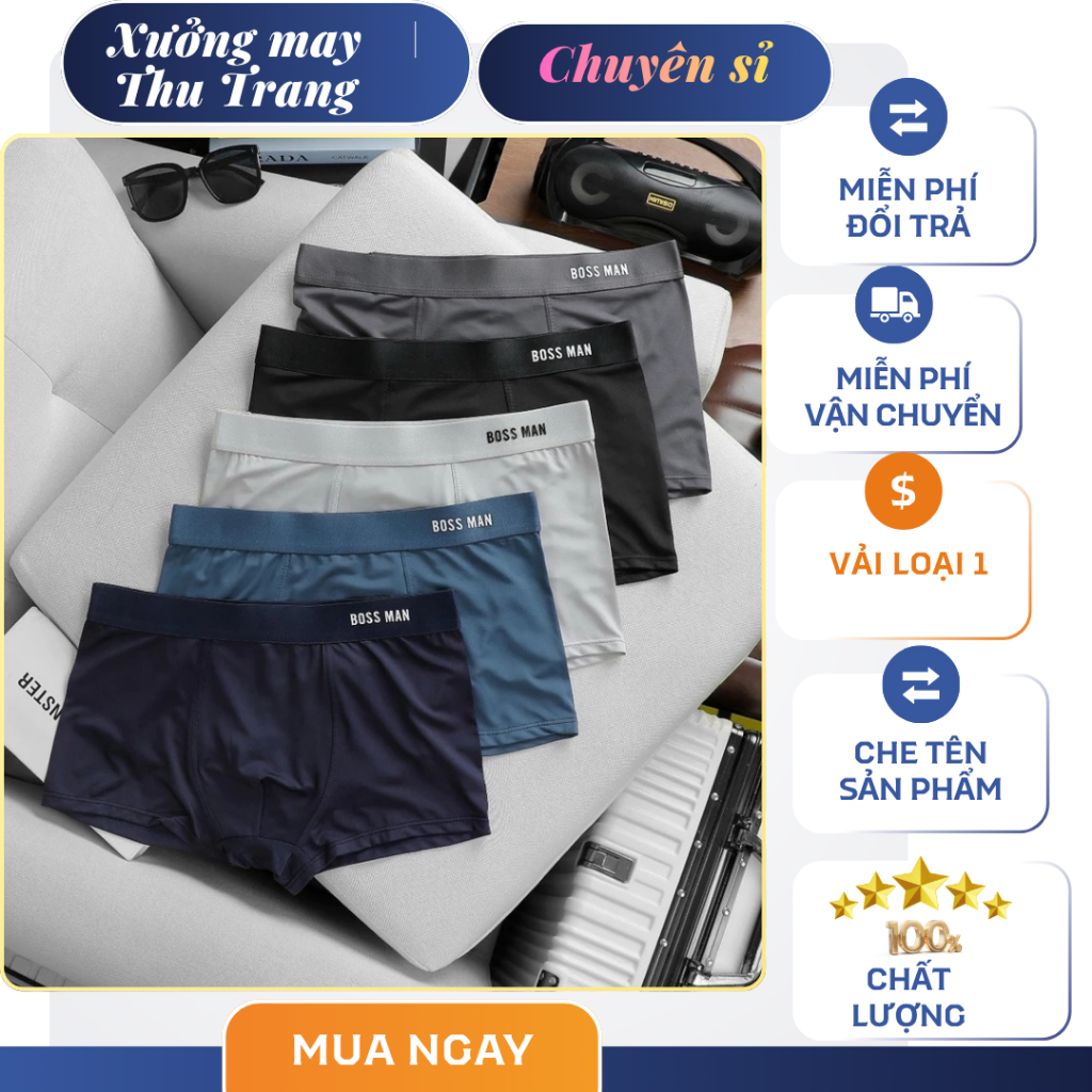 Quần Sịp Nam Boxer cao cấp in nổi Boss Man, Quần Boxer xì nam thun lạnh mềm mát co dãn và thấm hút m