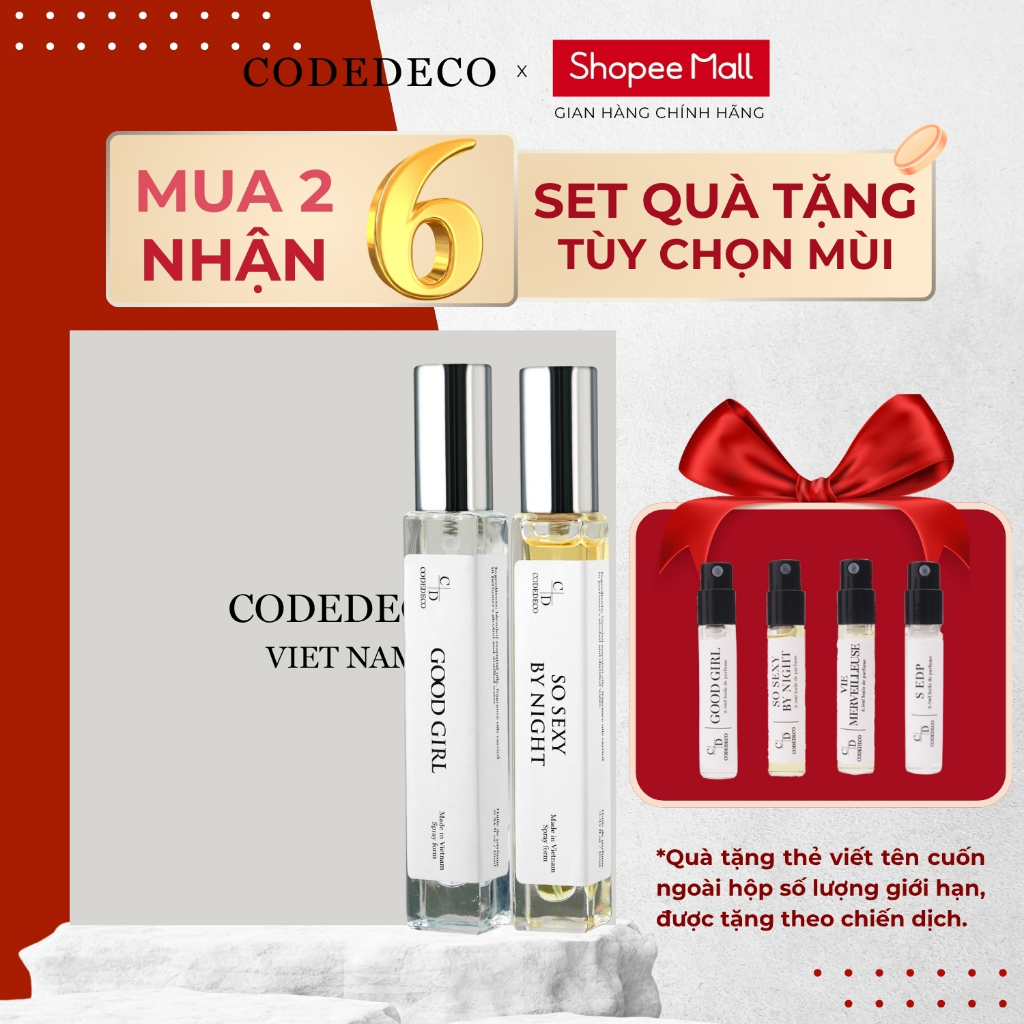 [SET QUÀ 01 TÙY CHỌN MÙI] 02 chai tinh dầu nước hoa CODEDECO 10ml dạng xịt + 4 vial 2.5 mùi ngẫu nhiên