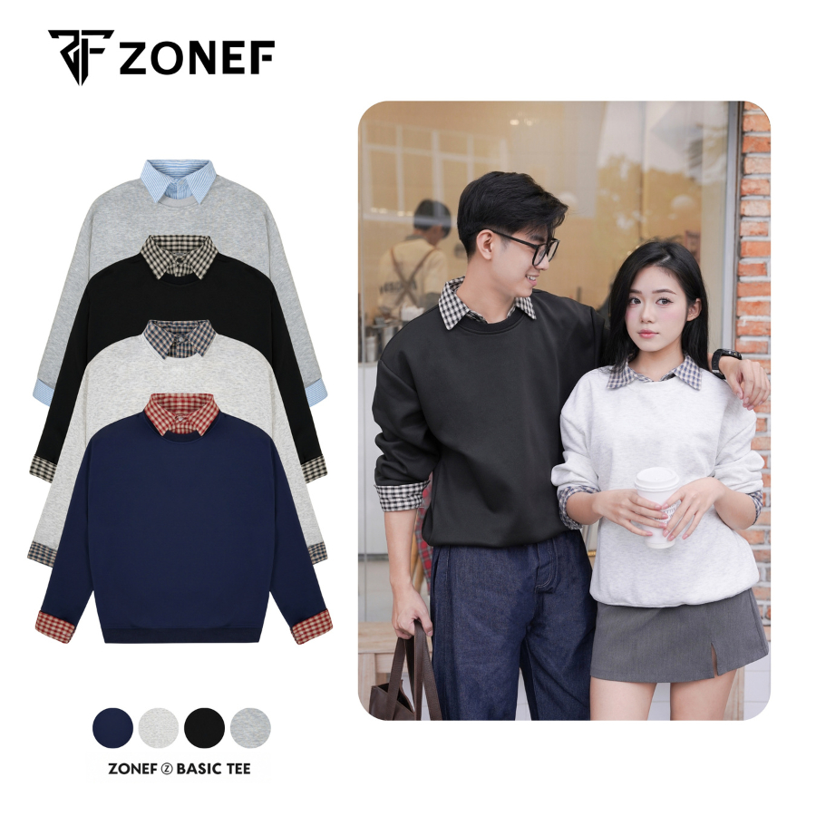 Áo Sweater Tay Dài Phối Sơ Mi Kẻ Caro Zonef Studio Chất Nỉ 2 Da, Áo Nỉ Thu Đông Nam Nữ Form Rộng Uni