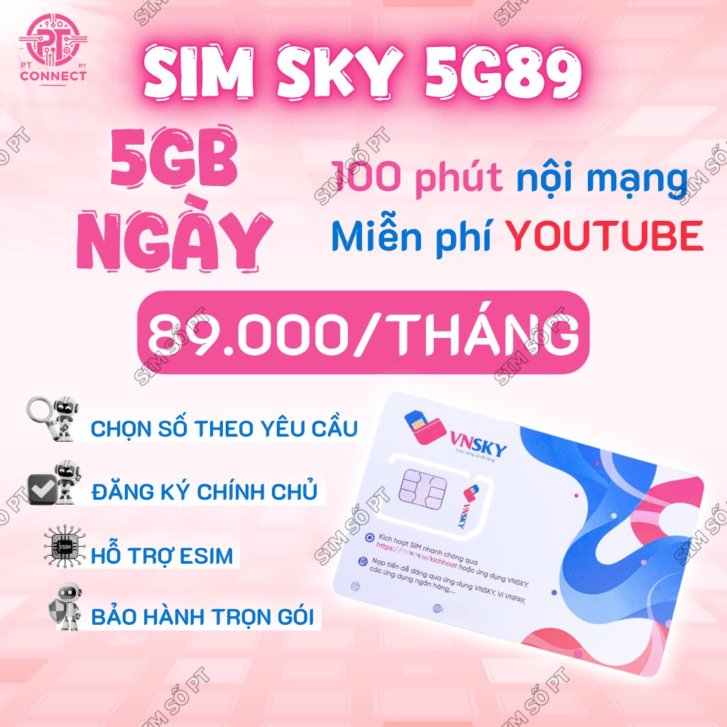 SIM Data 5GB/Ngày 5G89 VNSKY – Gọi Nội Mạng Free 10p – Hỗ Trợ eSIM – Sóng Mobifone