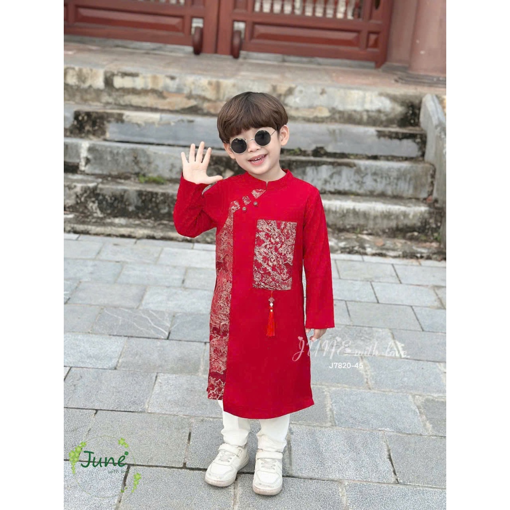 Áo dài June bé trai 3 màu xước kaki Thái gấm vân cao cấp 1-10 tuổi