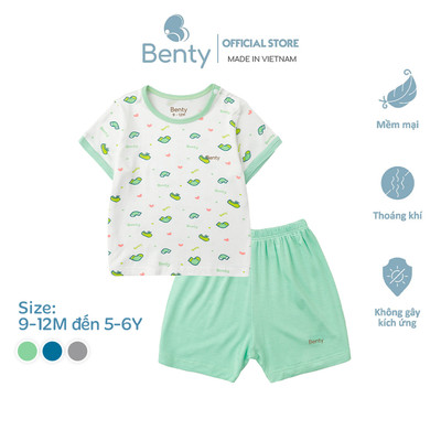 Bộ cộc tay cài vai họa tiết BENTY mát mềm dễ thương, quần áo cao cấp cho bé mặc đi học, đi chơi