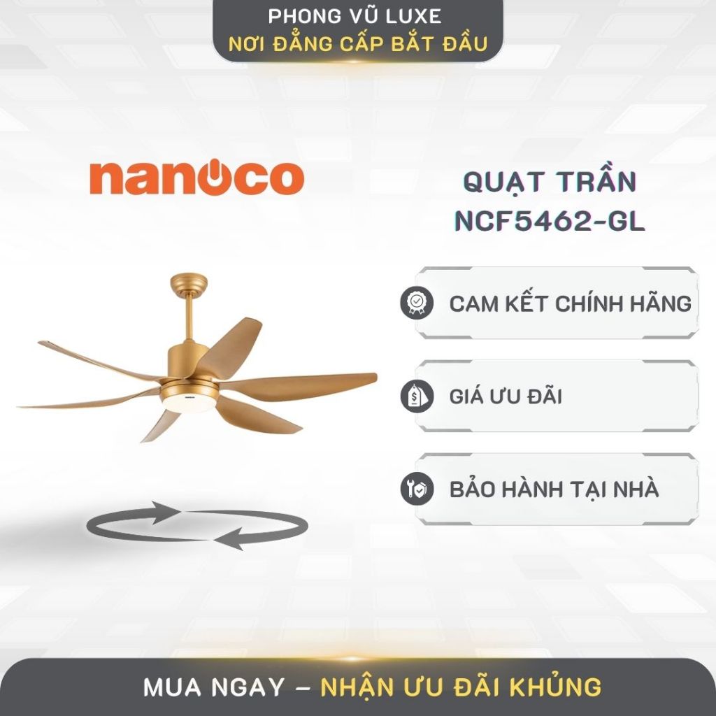 Quạt Trần Nanoco NCF5462-GL – 6 Cánh Màu Vàng Gold, Động Cơ DC Êm Ái, Remote Tiện Dụng